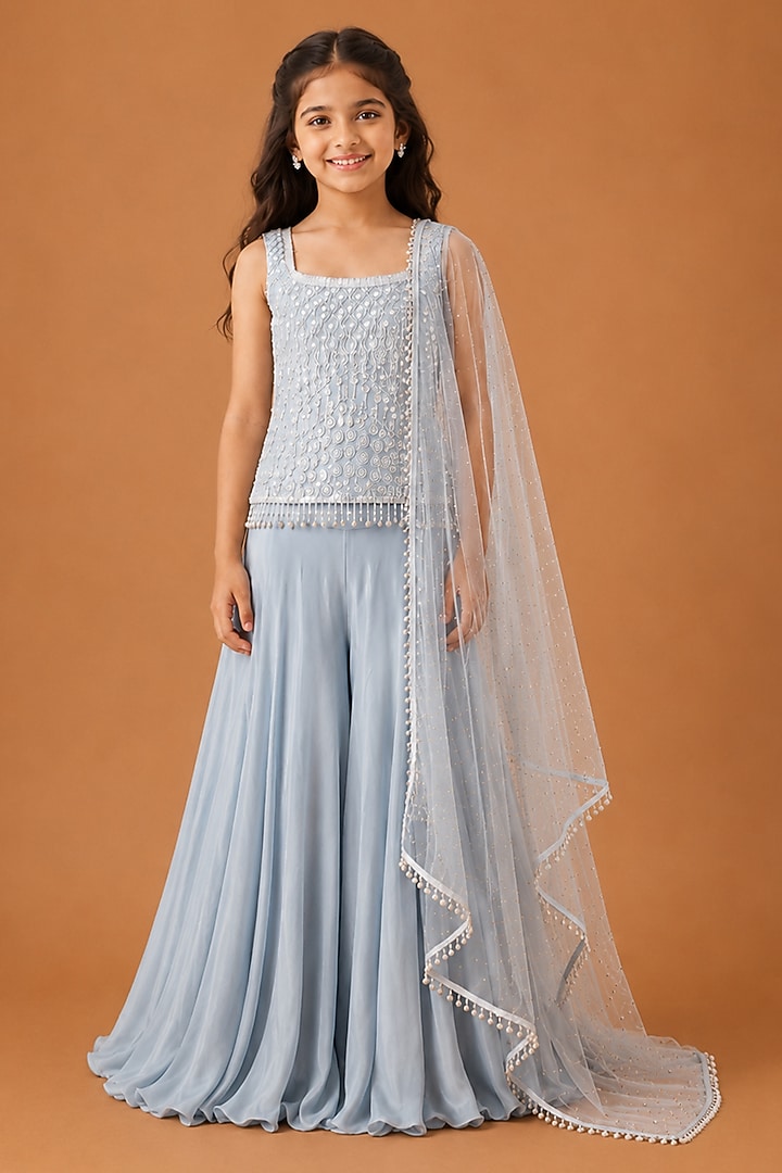 Baby Blue Satin Organza Tulle Sharara Set For Girls by Asaga Kids Atelier at Pernia's Pop Up Shop