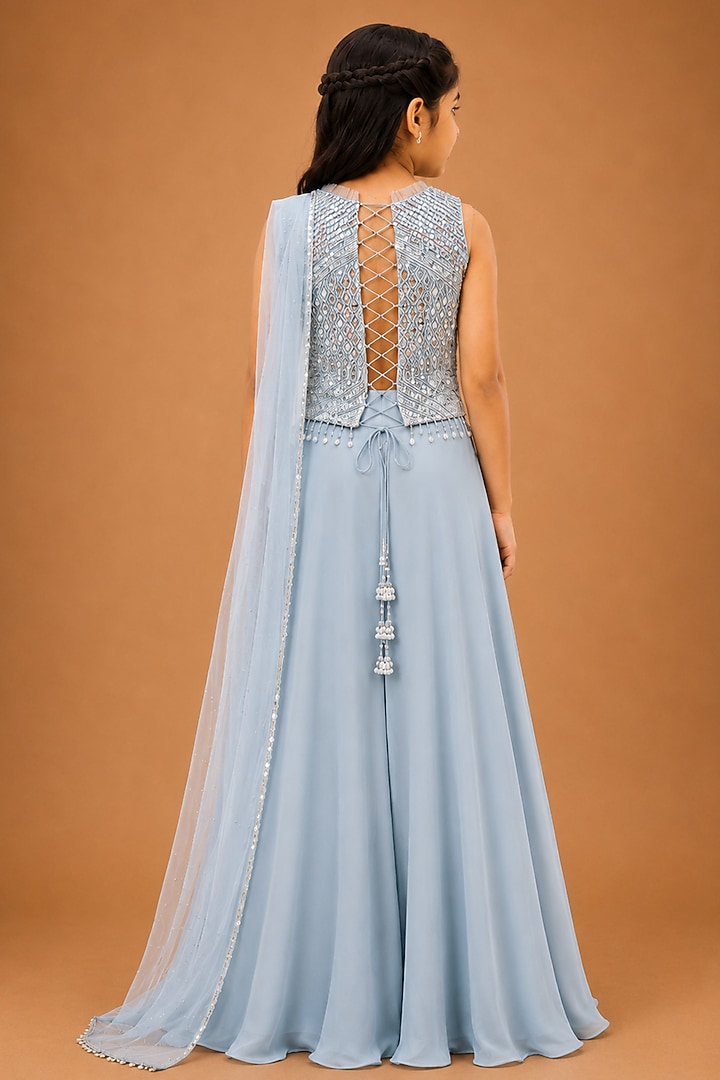 Baby Blue Satin Organza Tulle Sharara Set For Girls by Asaga Kids Atelier at Pernia's Pop Up Shop