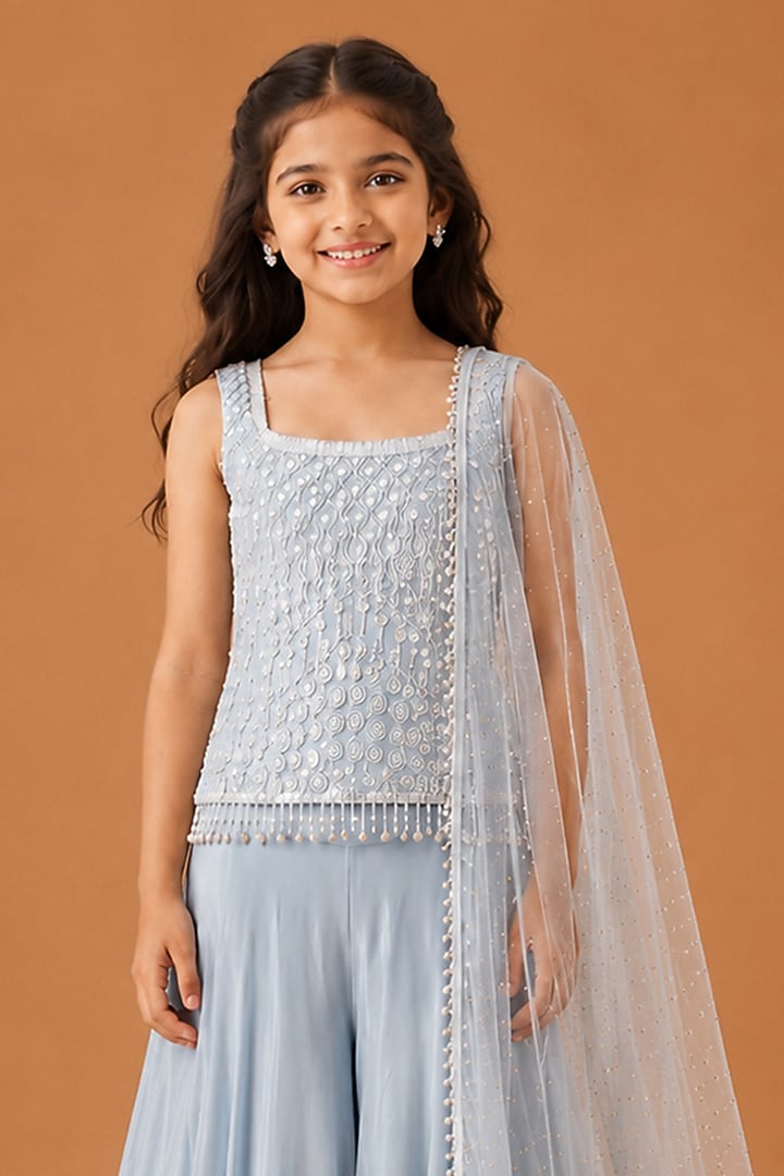 Baby Blue Satin Organza Tulle Sharara Set For Girls by Asaga Kids Atelier at Pernia's Pop Up Shop