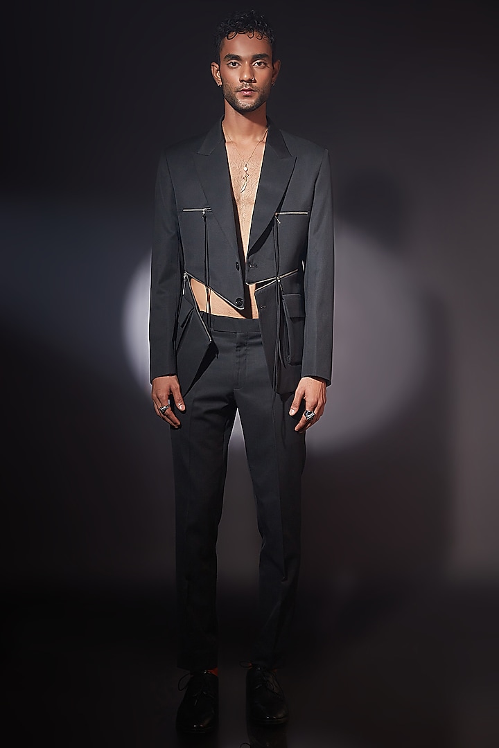 Black Wool Blend Printed Suit Set by ASHAY