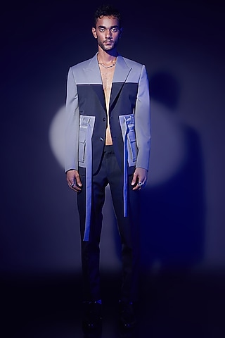 Blue & Grey Wool Blend Suit Set by ASHAY
