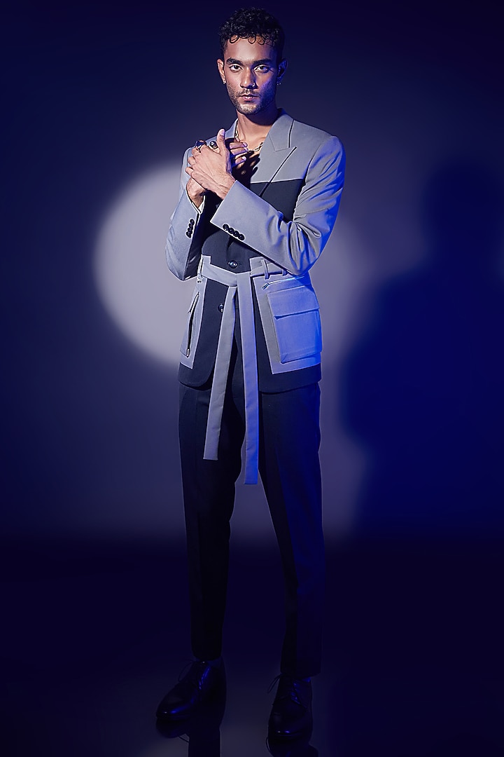 Blue & Grey Wool Blend Suit Set by ASHAY at Pernia's Pop Up Shop