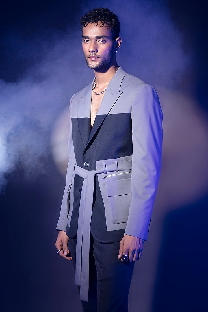 Blue & Grey Wool Blend Suit Set by ASHAY at Pernia's Pop Up Shop