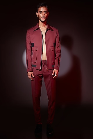Maroon Wool Blend Bomber Jacket Set by ASHAY