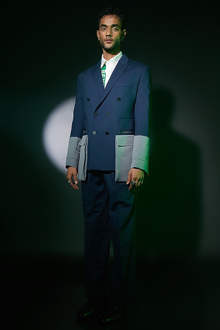 Blue & Grey Wool Blend Suit Set by ASHAY at Pernia's Pop Up Shop