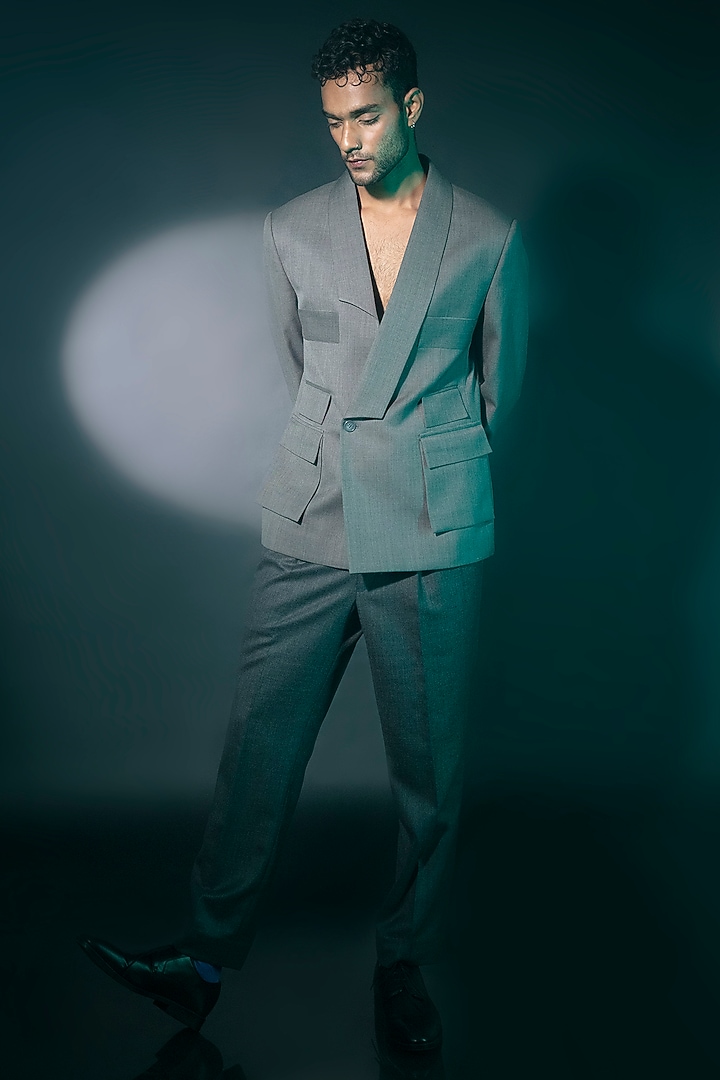 Grey Wool Blend Suit Set by ASHAY at Pernia's Pop Up Shop