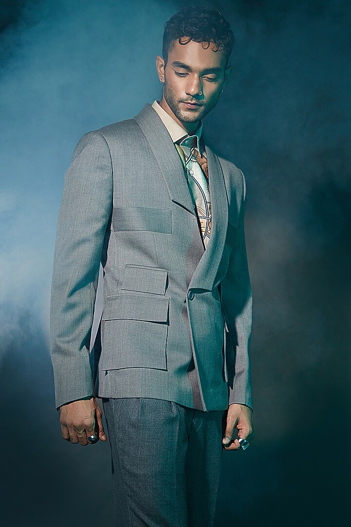 Grey Wool Blend Suit Set by ASHAY at Pernia's Pop Up Shop