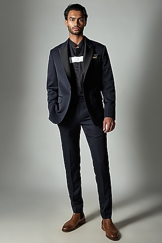 Blue Wool Blend Tuxedo Set by ASHAY