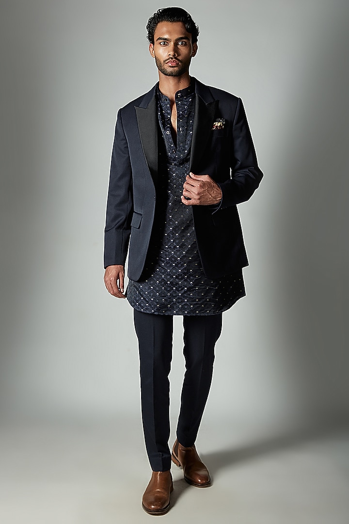 Blue Wool Blend Tuxedo Set by ASHAY at Pernia's Pop Up Shop