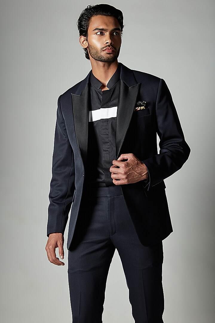 Blue Wool Blend Tuxedo Set by ASHAY at Pernia's Pop Up Shop