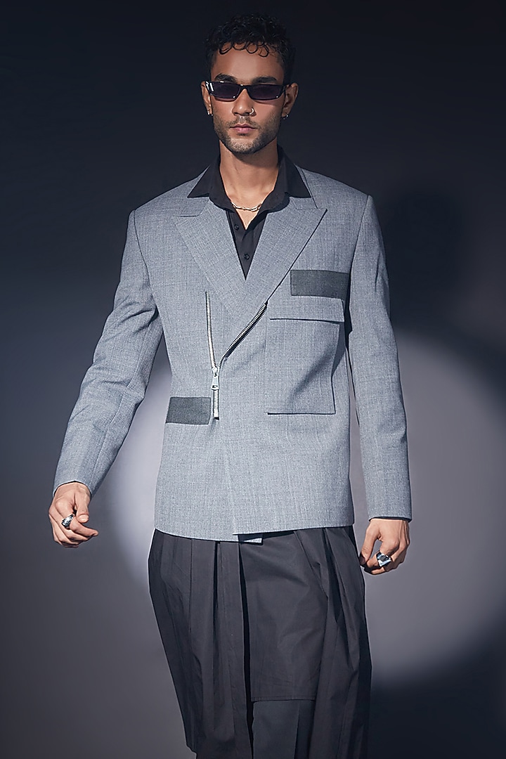 Grey Wool Blend Jacket by ASHAY at Pernia's Pop Up Shop