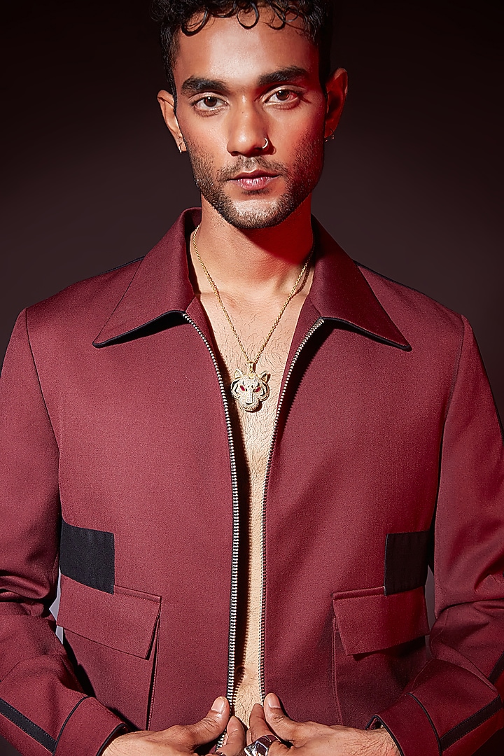 Maroon Wool Blend Bomber Jacket by ASHAY at Pernia's Pop Up Shop