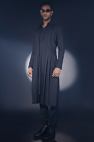 Black Egyptian Cotton Pleated Kurta by ASHAY