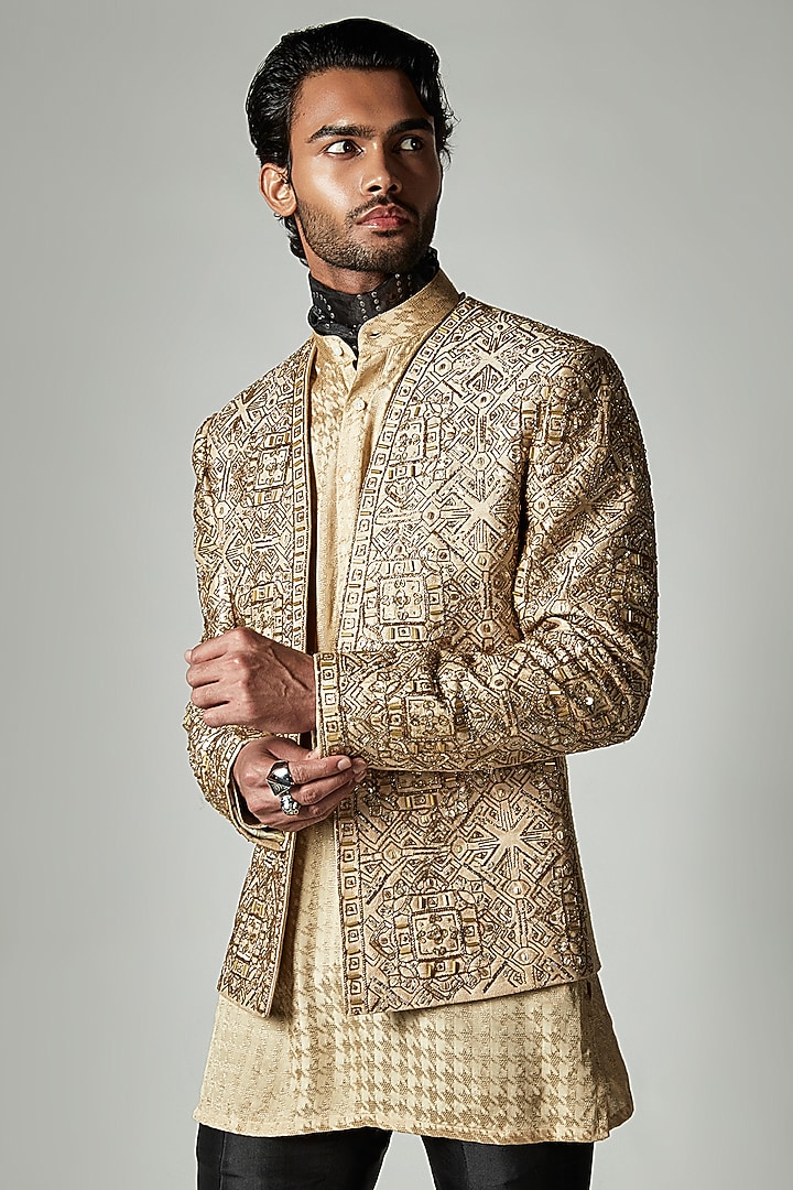 Gold Pure Raw Silk Hand Embroidered Jacket by ASHAY at Pernia's Pop Up Shop