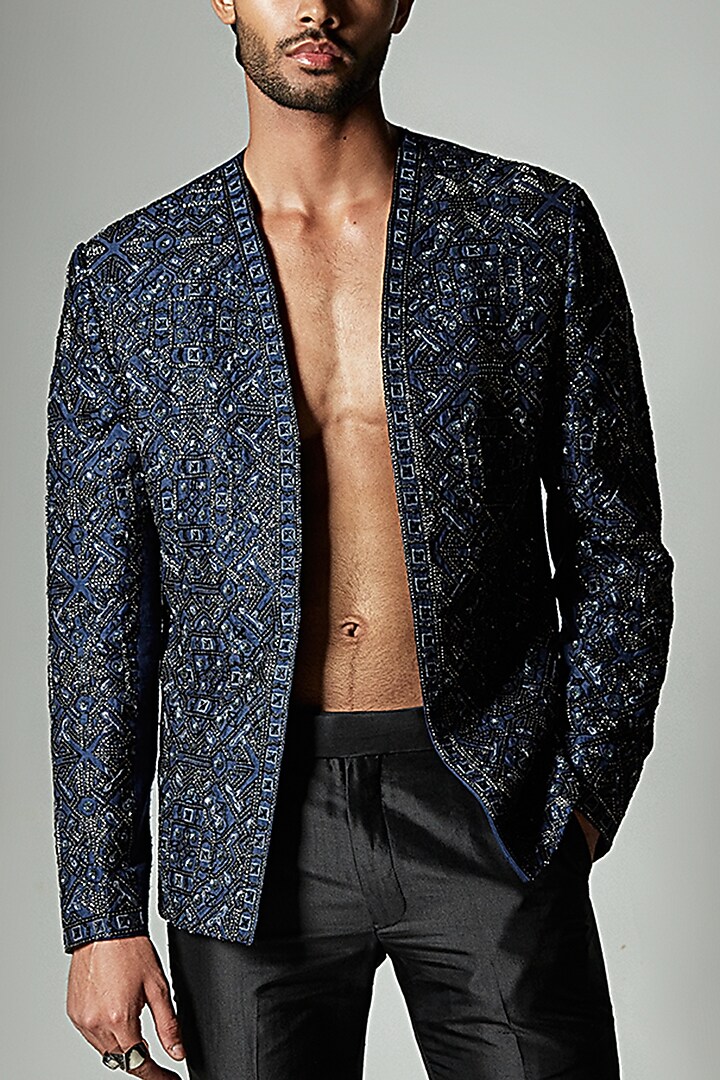 Blue Pure Raw Silk Hand Embroidered Jacket by ASHAY at Pernia's Pop Up Shop