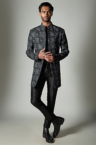 Black Raw Silk Hand Embroidered Indowestern Jacket by ASHAY