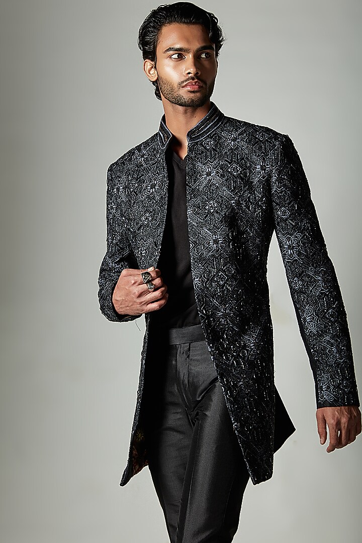 Black Raw Silk Hand Embroidered Wedding Indowestern Jacket by ASHAY at Pernia's Pop Up Shop