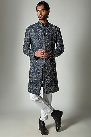 Blue Silk Hand Embroidered Sherwani by ASHAY