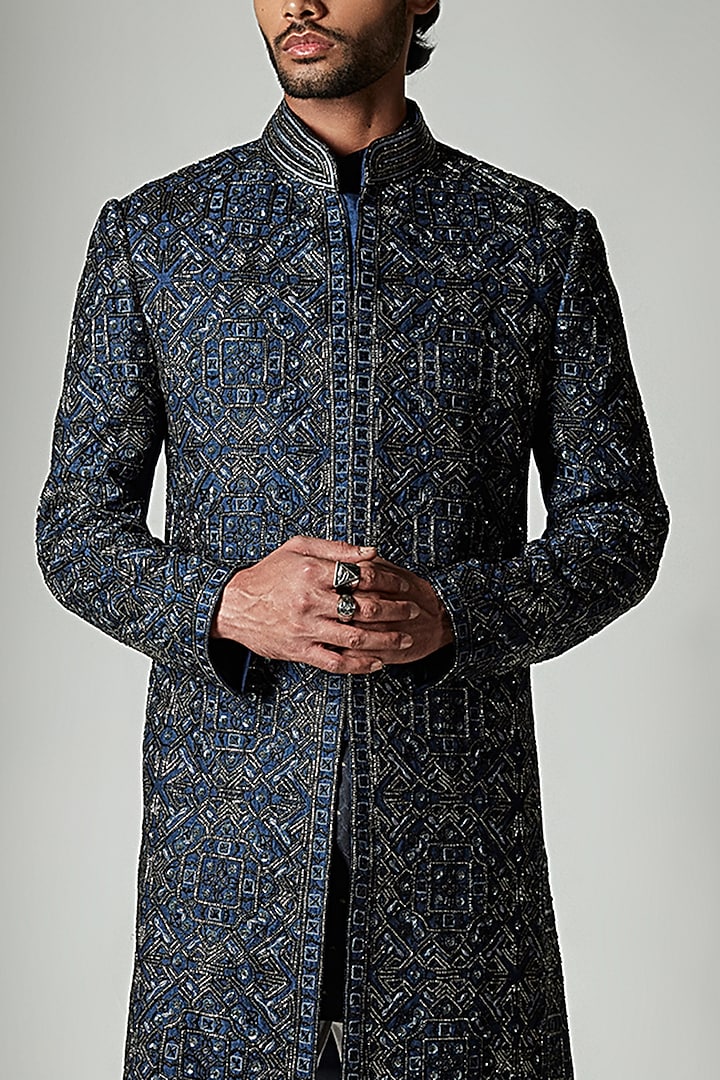 Blue Silk Hand Embroidered Groom Sherwani by ASHAY at Pernia's Pop Up Shop