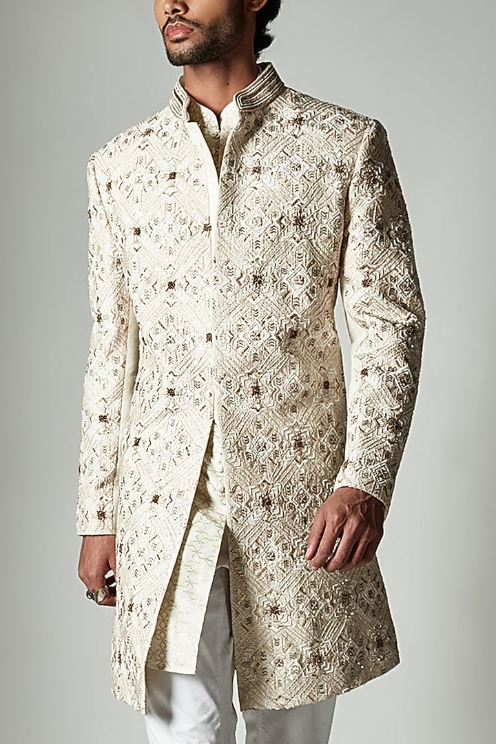 Ivory Silk Embroidered Groom Sherwani by ASHAY at Pernia's Pop Up Shop