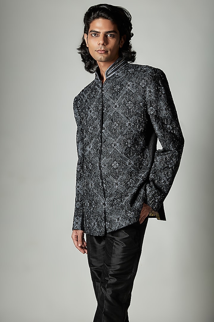 Black Pure Raw Silk Hand Embroidered Bandhgala Jacket by ASHAY