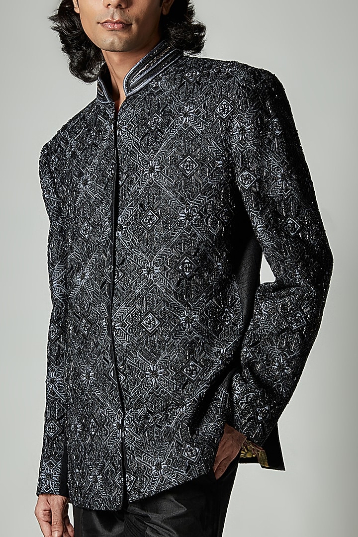 Black Pure Raw Silk Hand Embroidered Wedding Bandhgala Jacket by ASHAY at Pernia's Pop Up Shop