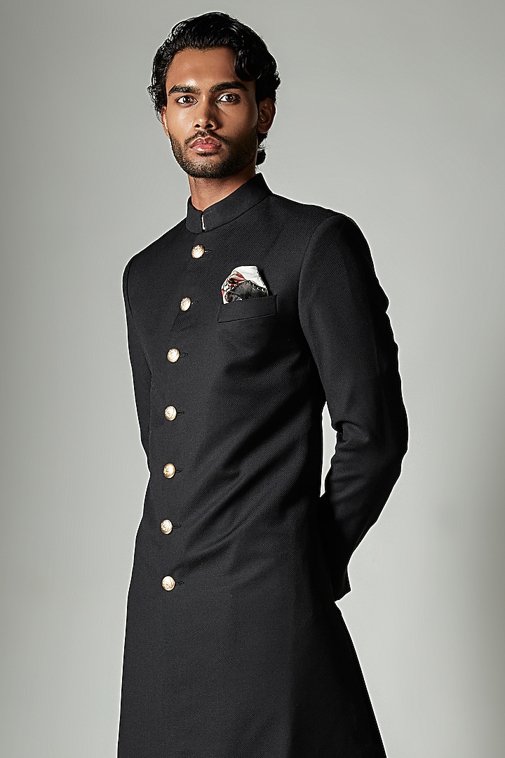 Black Terry Rayon Wedding Sherwani by ASHAY at Pernia's Pop Up Shop