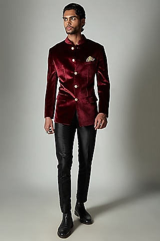 Maroon Velvet Bandhgala by ASHAY