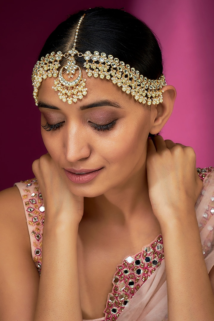 Gold Finish Yellow Kundan Polki & Pearl Mathapatti by ASHNEE at Pernia's Pop Up Shop