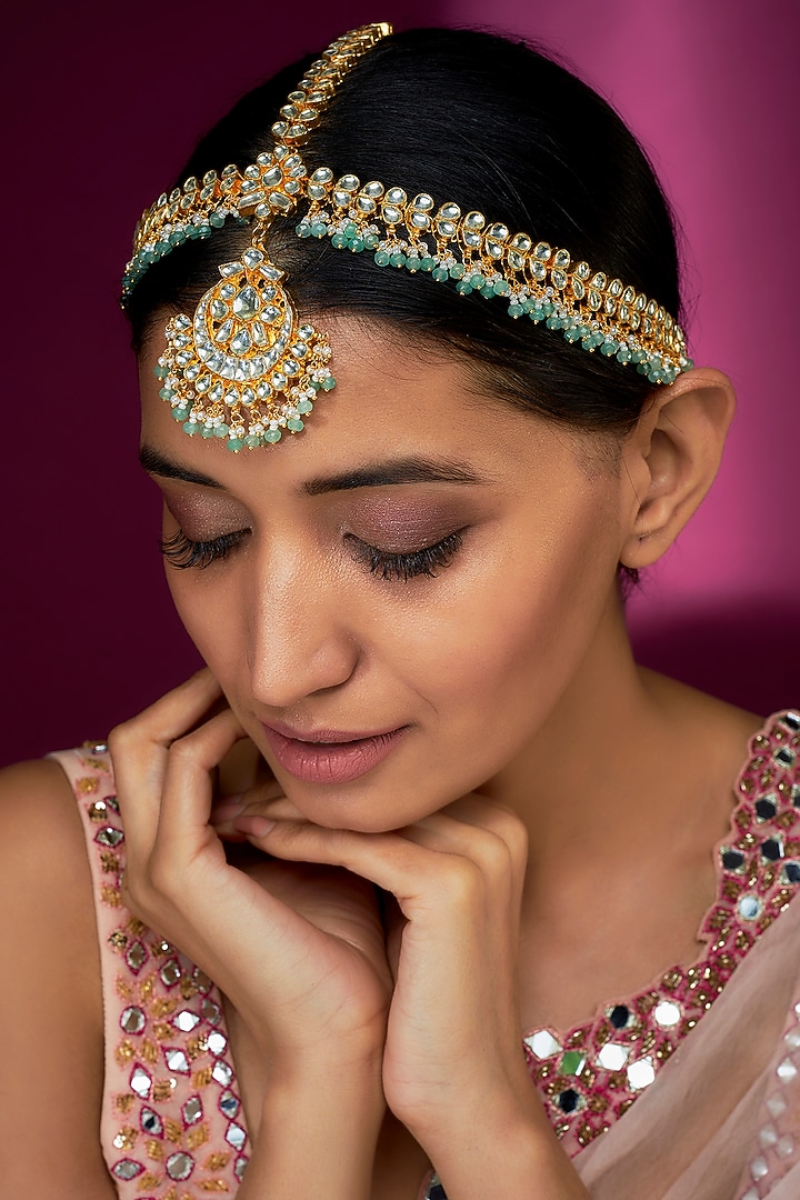 Gold Finish Yellow Kundan Polki & Mint Pearl Mathapatti by ASHNEE at Pernia's Pop Up Shop