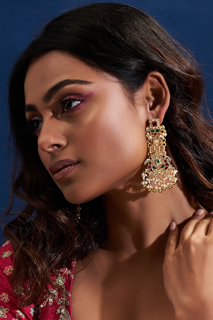 Gold Finish Multi-Colored Kundan Polki Dangler Earrings by ASHNEE at Pernia's Pop Up Shop