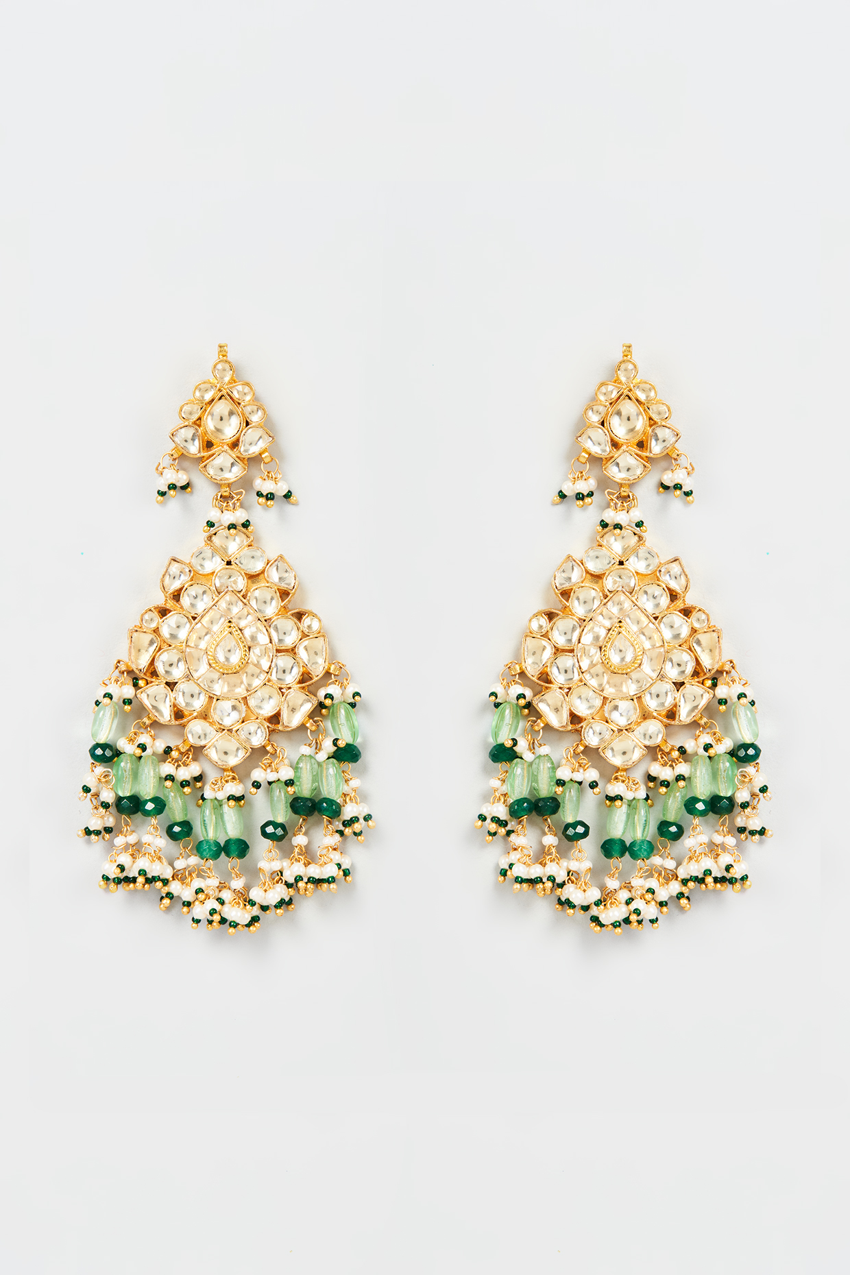 Gold Finish Yellow & Mint Kundan Polki Dangler Earrings by ASHNEE