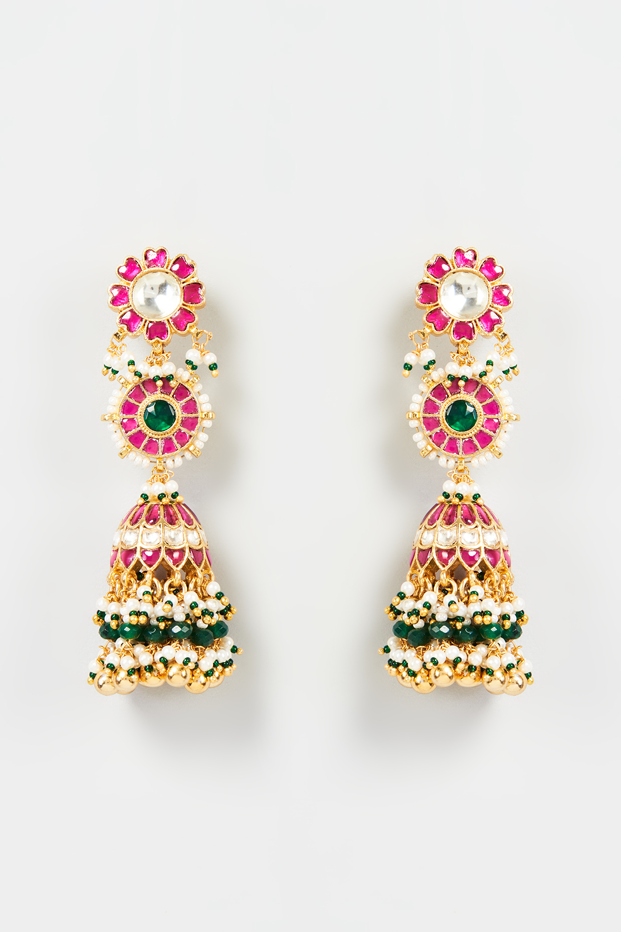 Gold Finish Red & Green Kundan Polki Jhumka Earrings by ASHNEE