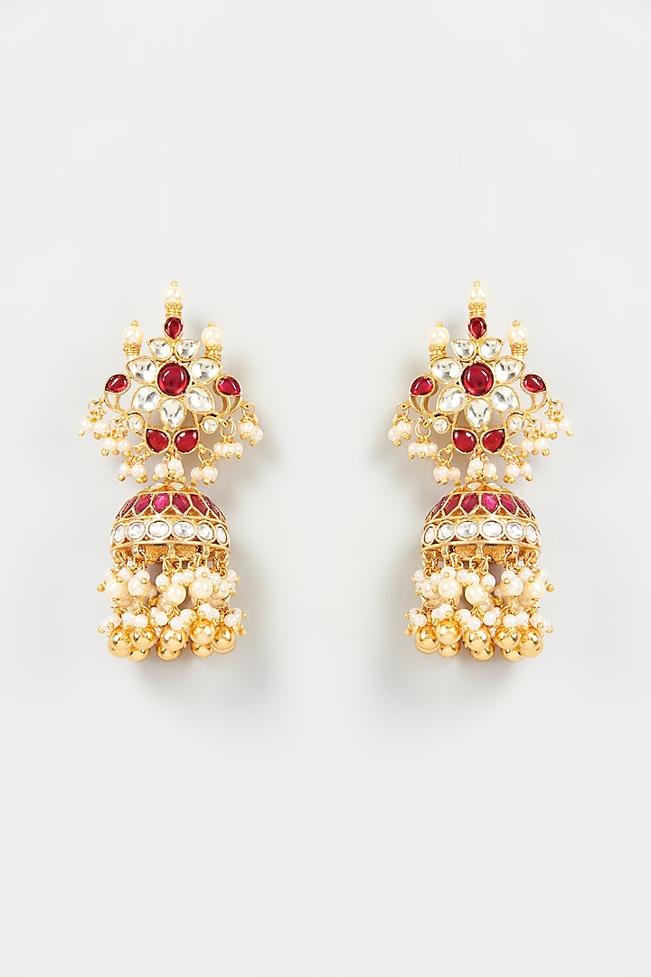 Gold Finish Red Kundan Polki & Pearl Jhumka Earrings by ASHNEE