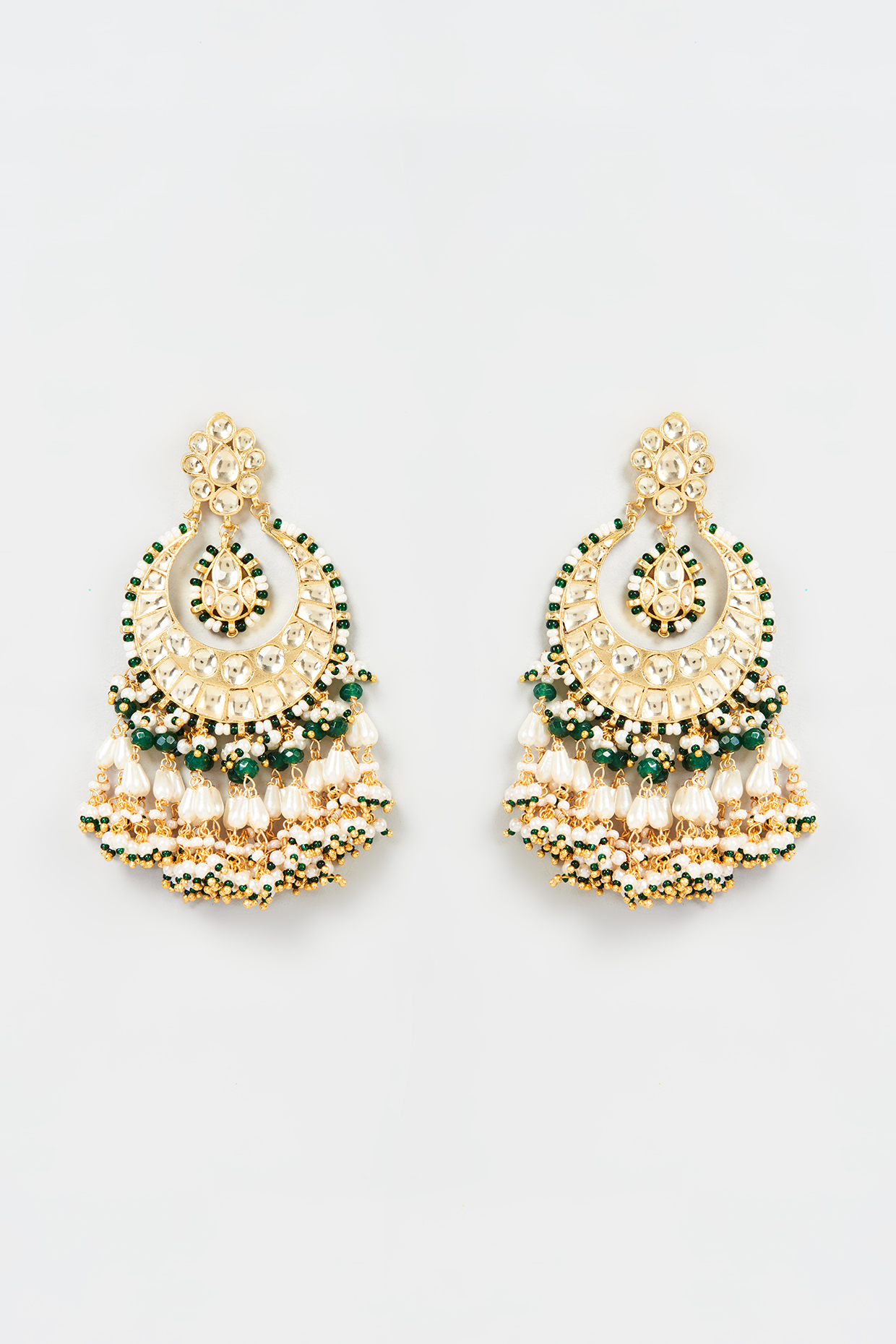 Gold Finish Yellow Kundan Polki & Pearl Chandbaali Earrings by ASHNEE