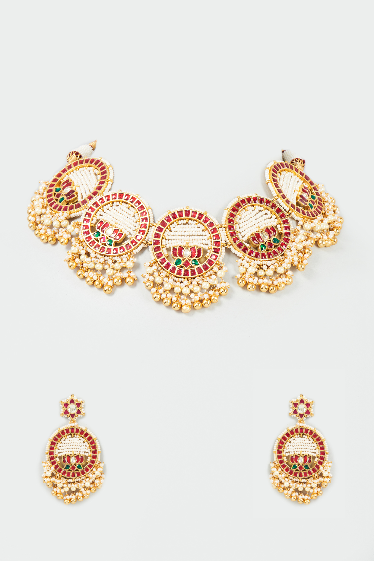 Gold Finish Red Kundan Polki Choker Necklace Set by ASHNEE