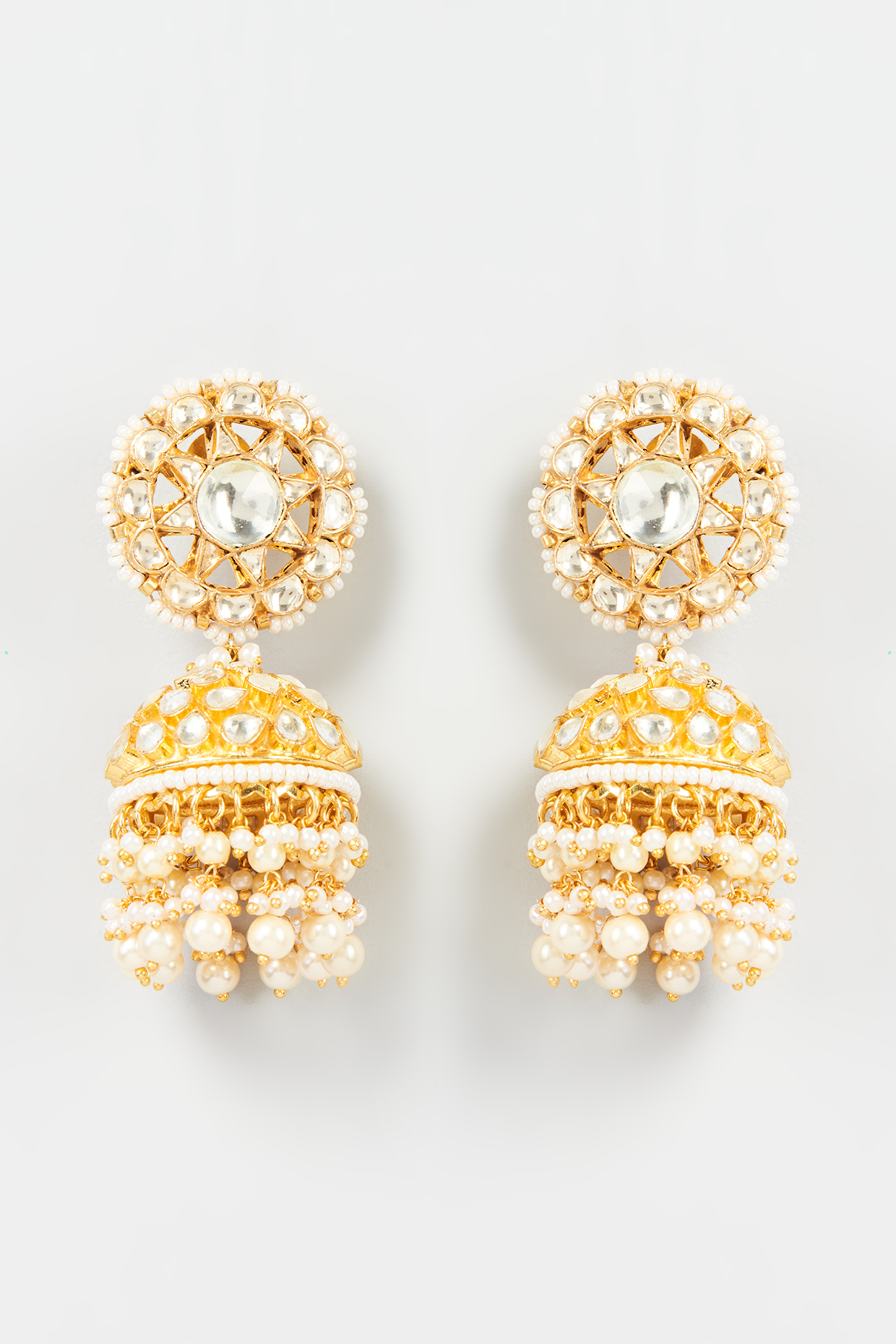 Gold Finish Yellow Kundan Polki Jhumka Earrings With Maangtikka by ASHNEE