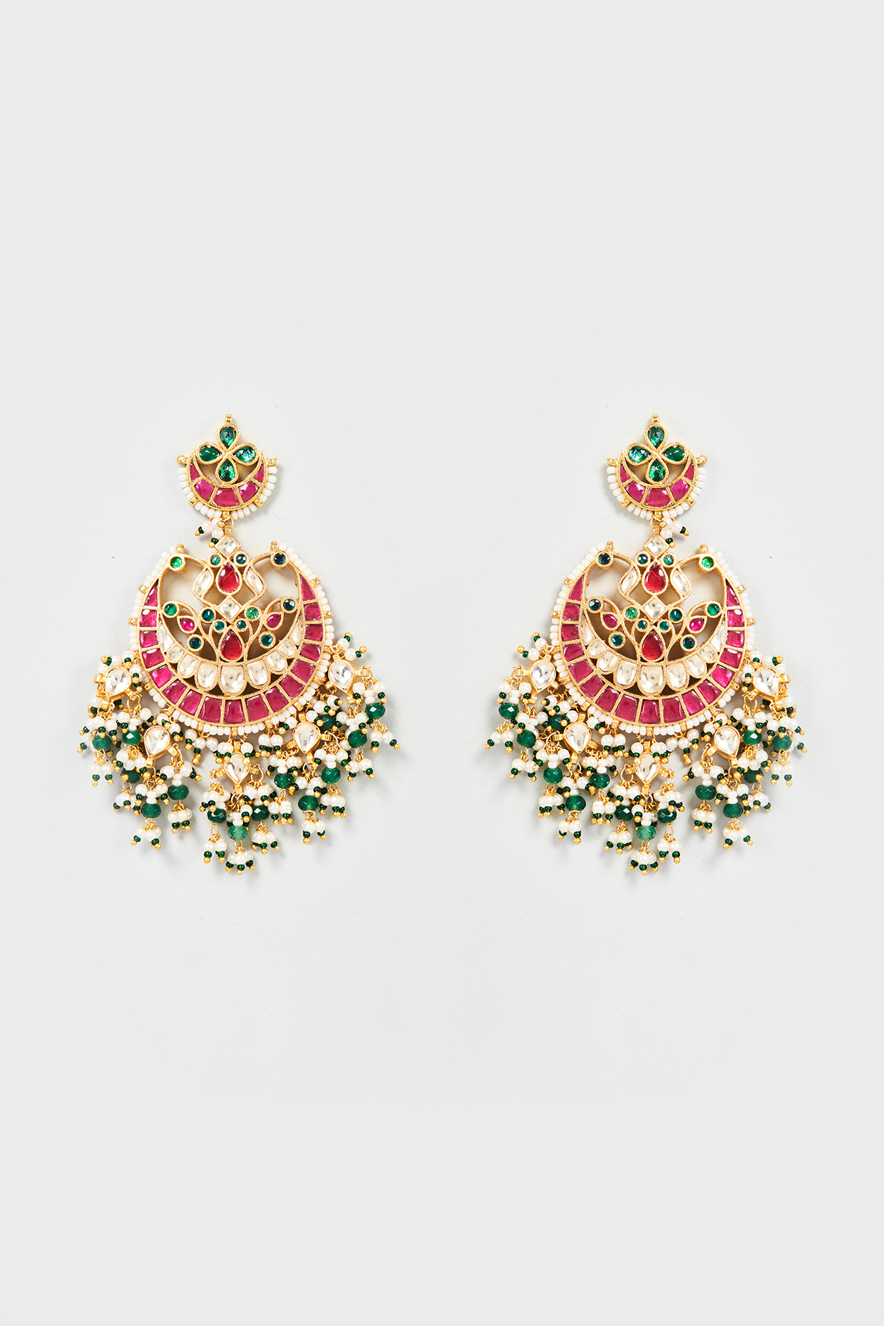 Gold Finish Red Kundan Polki Jhumka Earrings With Maangtikka by ASHNEE