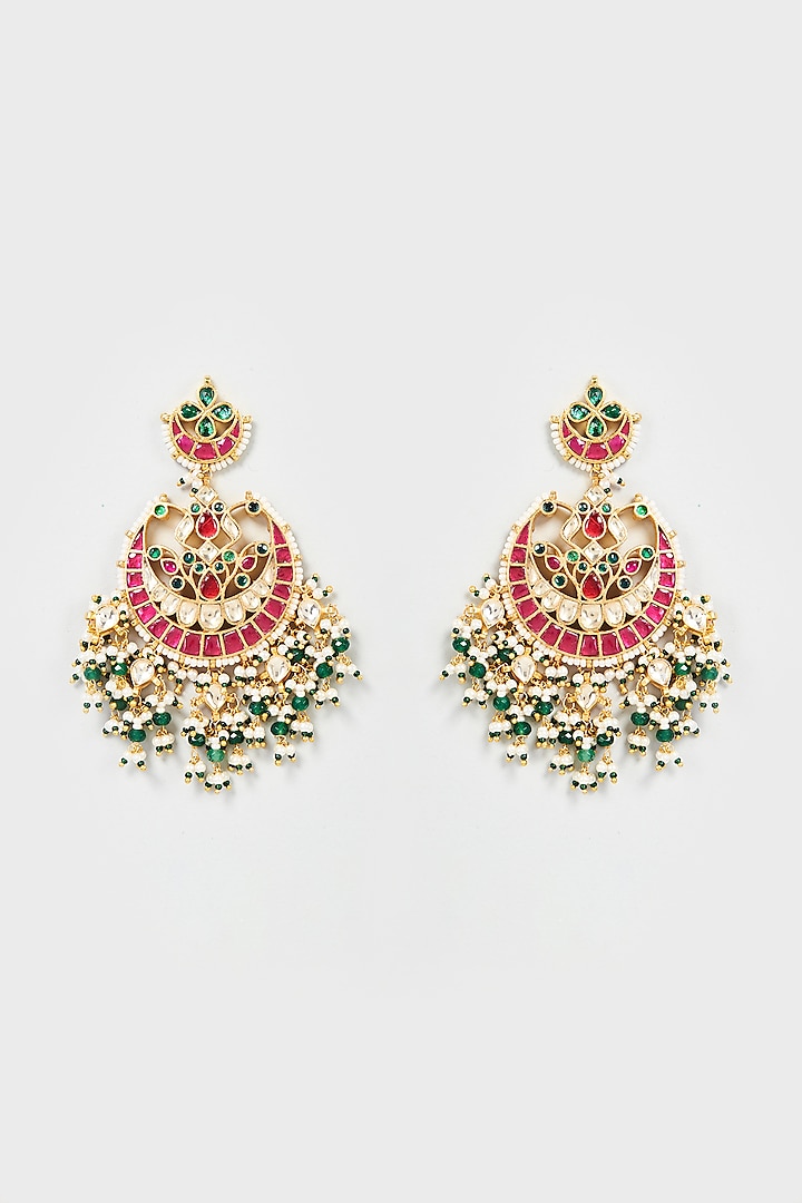 Gold Finish Red Kundan Polki Jhumka Earrings With Maangtikka by ASHNEE