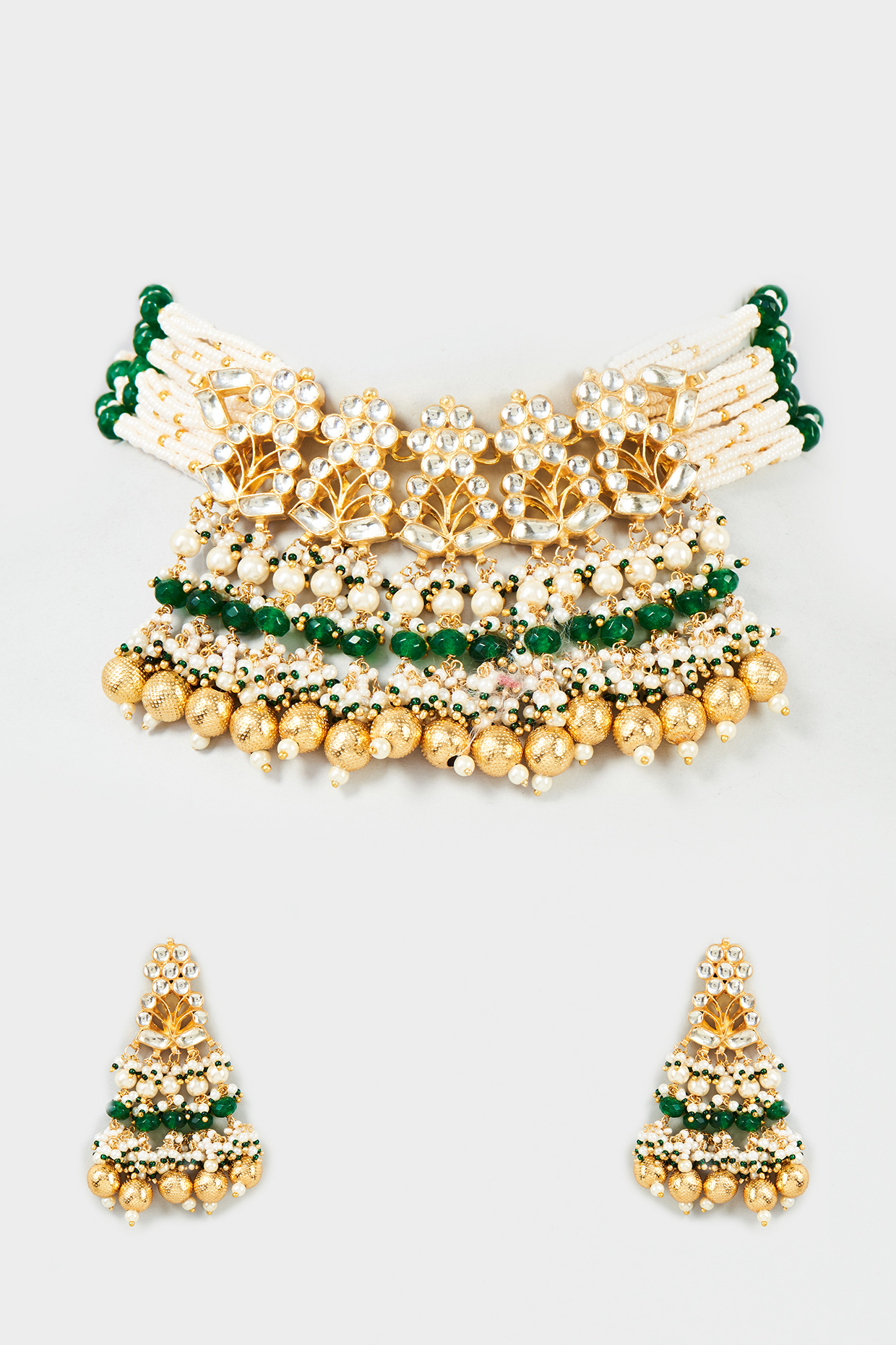 Gold Finish Yellow & Green Kundan Polki Floral Choker Necklace Set by ASHNEE