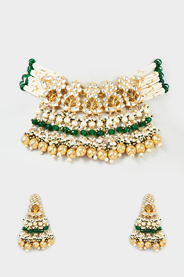 Gold Finish Yellow & Green Kundan Polki Floral Choker Necklace Set by ASHNEE