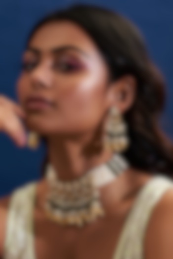 Gold Finish Yellow & Green Kundan Polki Floral Choker Necklace Set by ASHNEE at Pernia's Pop Up Shop