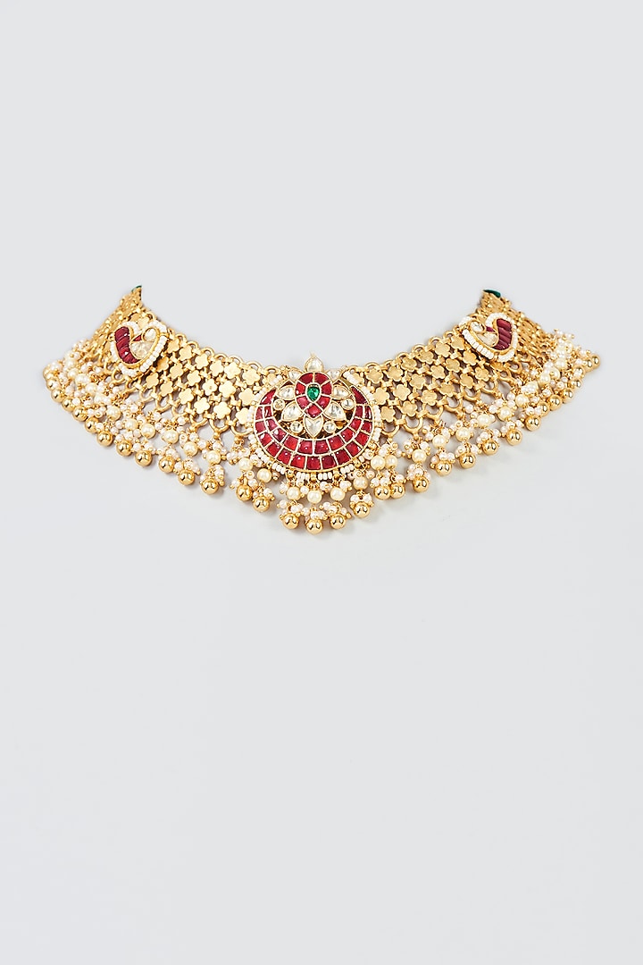 Gold Finish Red Kundan Polki & Golden Ball Choker Necklace Set by ASHNEE