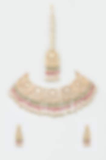 Gold Finish Pink & Green Kundan Polki Choker Necklace Set by ASHNEE