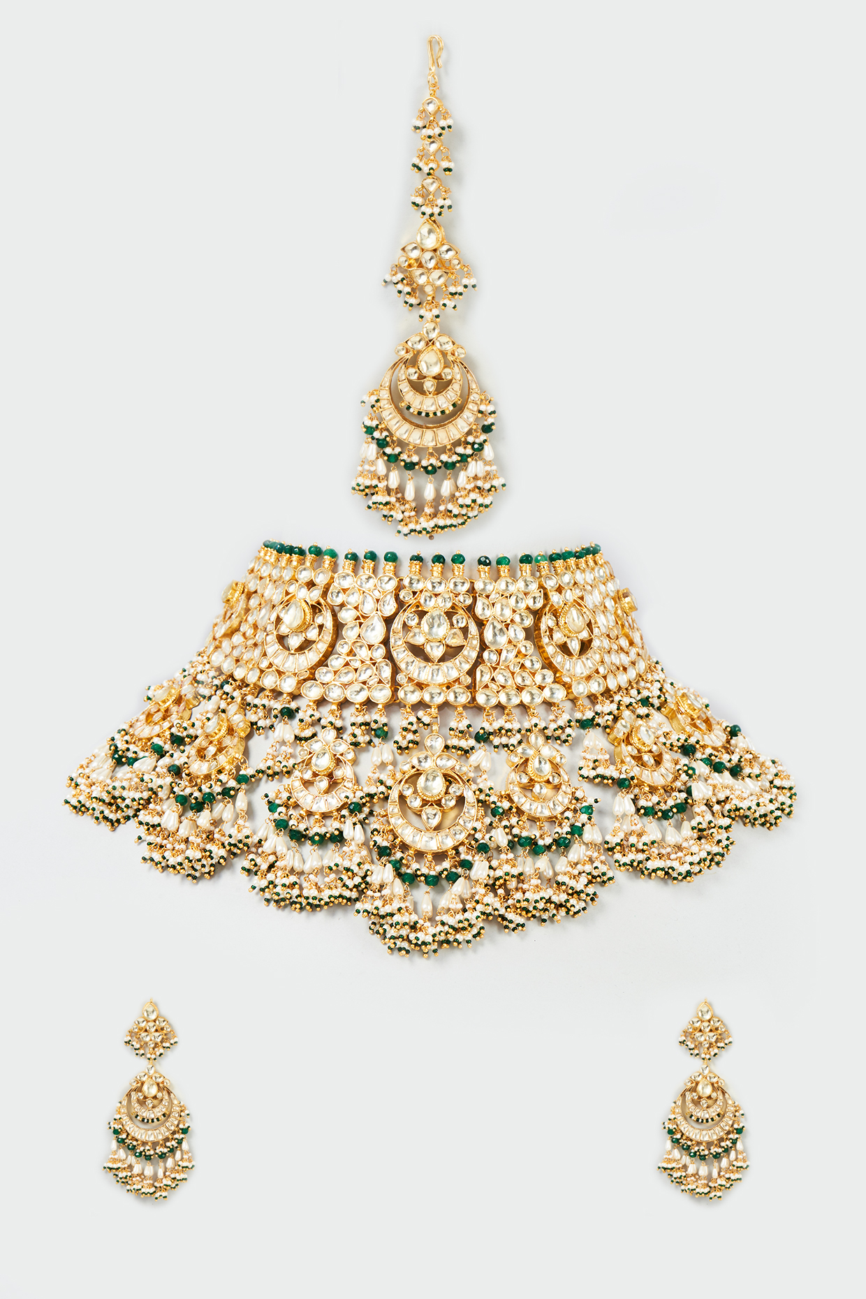 Gold Finish Yellow & Green Kundan Polki Choker Necklace Set by ASHNEE