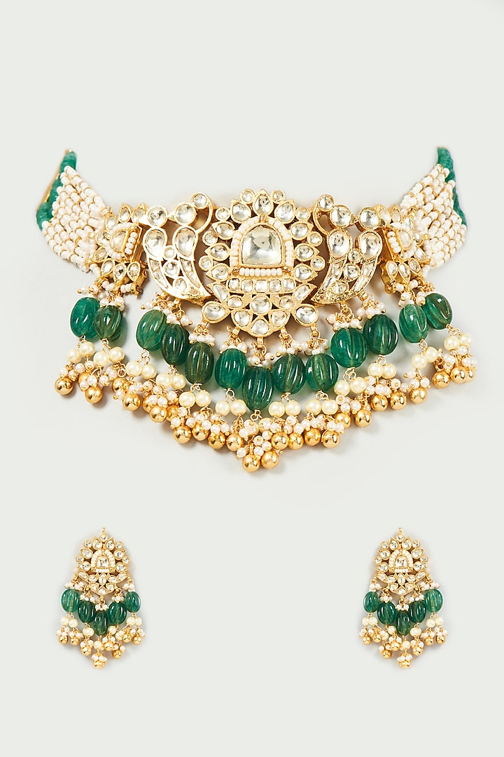 Gold Finish Yellow & Green Kundan Polki Choker Necklace Set by ASHNEE