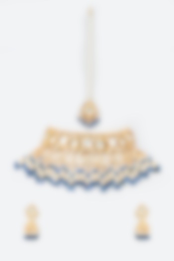 Gold Finish Yellow & Blue Kundan Polki Choker Necklace Set by ASHNEE