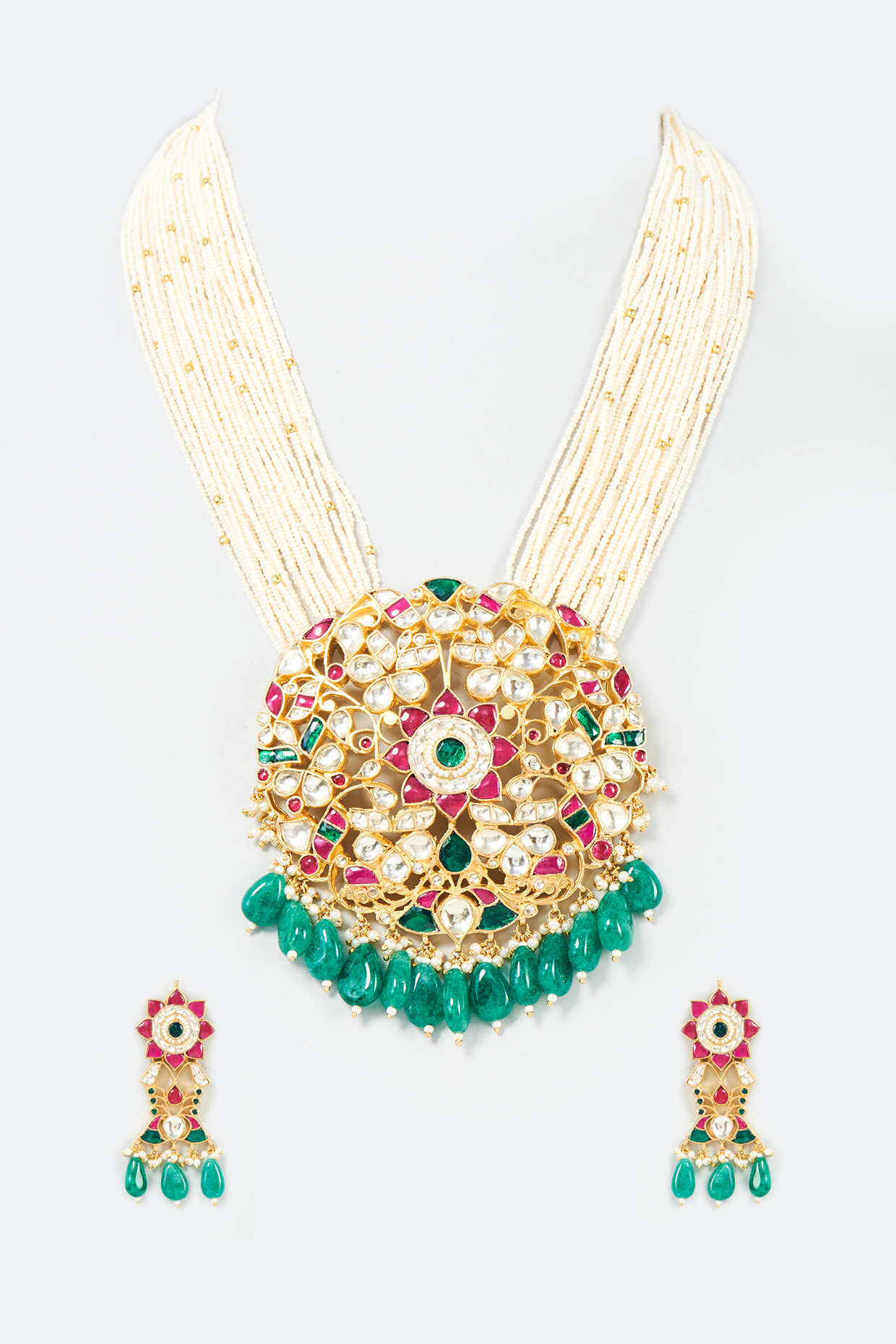 Gold Finish Green Kundan Polki Mala Set by ASHNEE