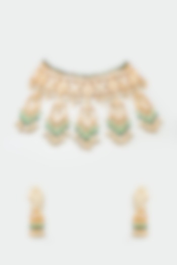 Gold Finish Yellow & Mint Kundan Polki Choker Necklace Set by ASHNEE