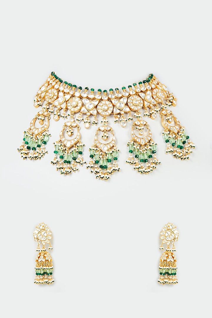 Gold Finish Yellow & Mint Kundan Polki Choker Necklace Set by ASHNEE